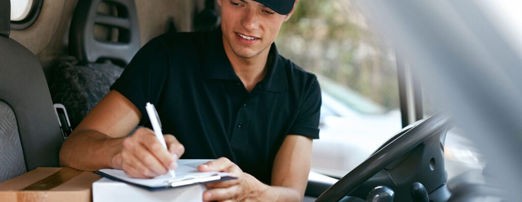 WHG Cambridge Delivery driver signing for parcel